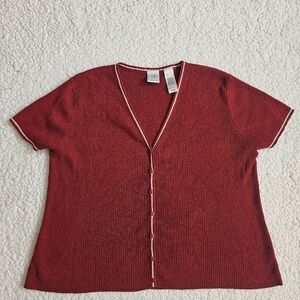 Emma James Top VNeck Size Large Button Up Red And White Short Sleeve